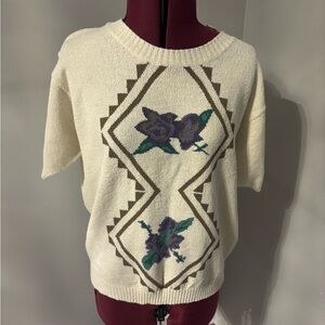 TanJay Cream Short Sleeve Knit Top with Floral Detail